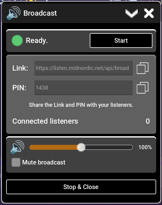 Broadcast control window with the room link and PIN.