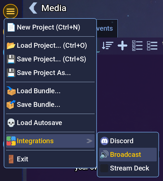 Broadcast entry in the Integrations menu.